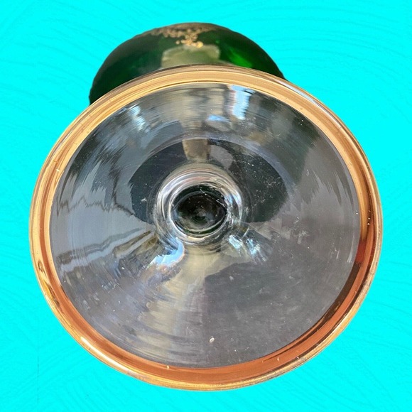 Vintage Green Glass Footed Vase, Gold Trim 10 1/2” Tall - Picture 7 of 9